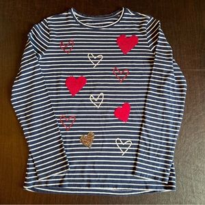 Vineyard Vines Girls Size L Long Sleeved Navy/White Stripe Flip Heart Top